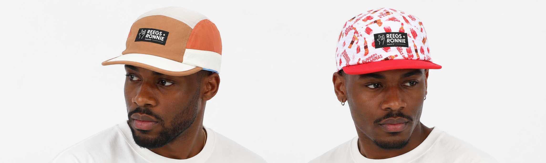 Two men wearing different colored caps with a visible brand logo on a white background